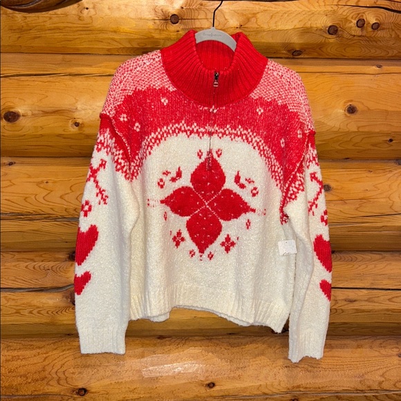Free People NWT Mythical Knit Sweater Size Large in Vanilla Scarlet Combo - Picture 6 of 14